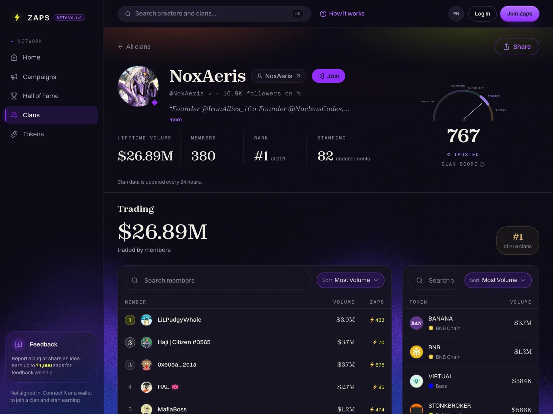 A live clan page with its creator's picture, lifetime volume, member count, rank, score gauge, and its top members
