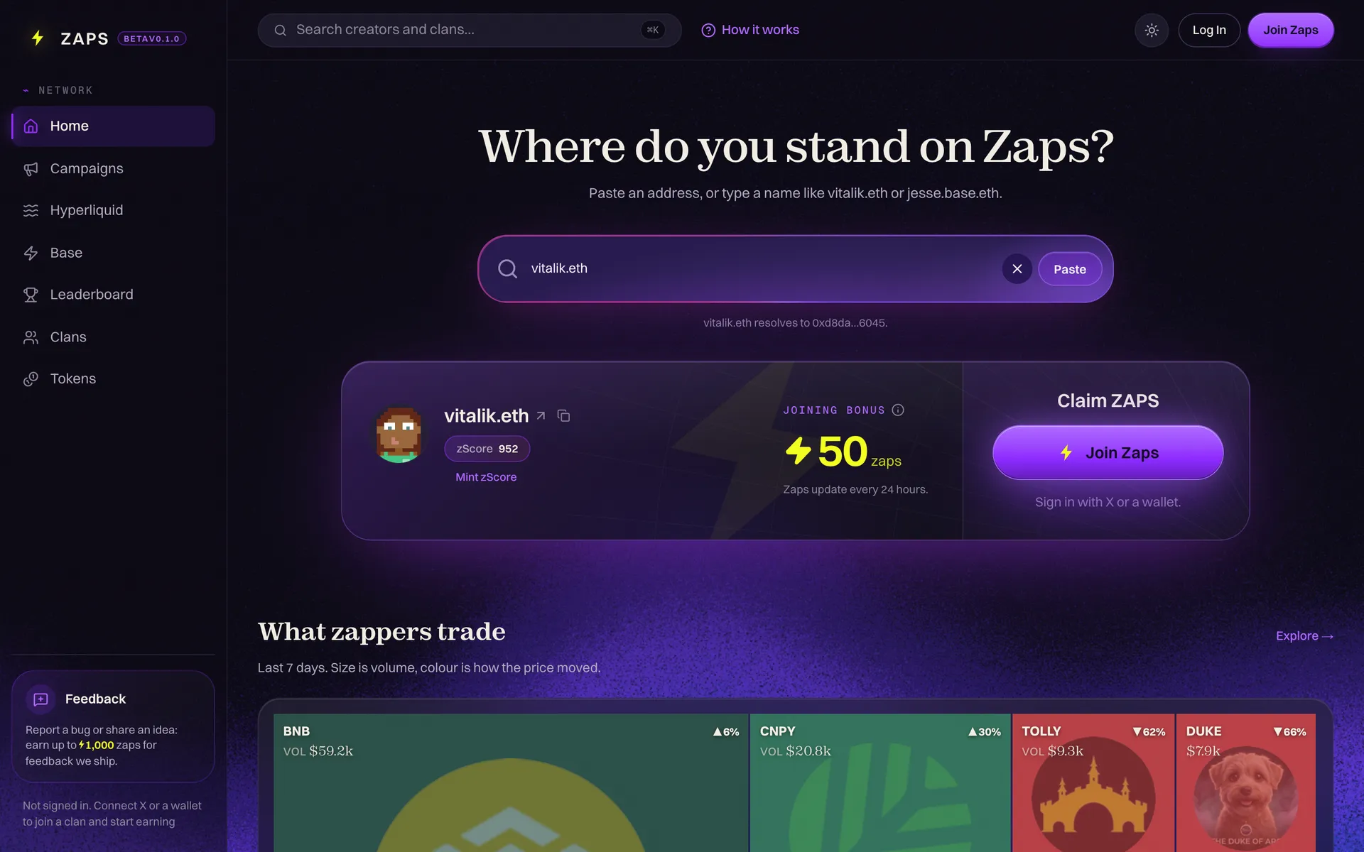 The Zaps home page looking up vitalik.eth, showing its zScore and joining bonus next to the Join Zaps button