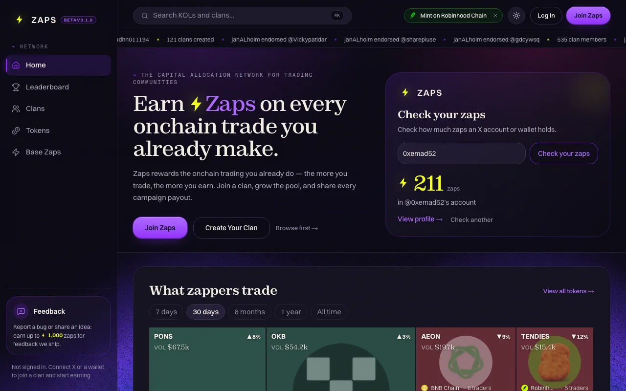 The Zaps home screen with the check-your-zaps lookup showing a revealed balance