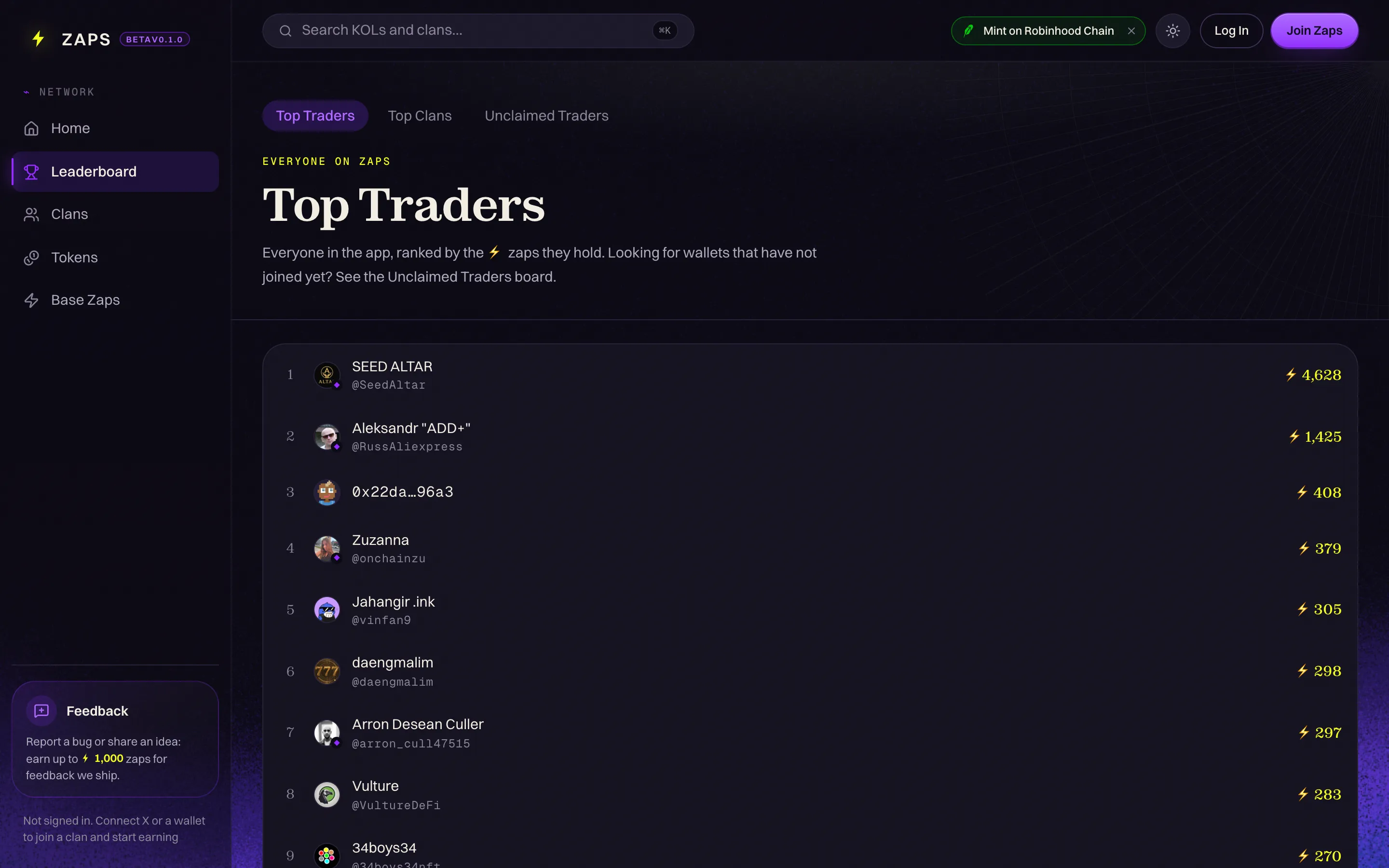 The public Zaps leaderboard of traders and clans
